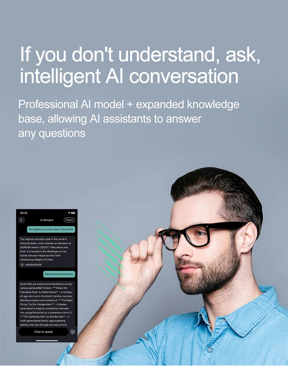 2025 AI Smart Glasses AI Intelnt Voice Video Real-Time Translation AI Conversation Q&A AI Intelnt Translation Women Men